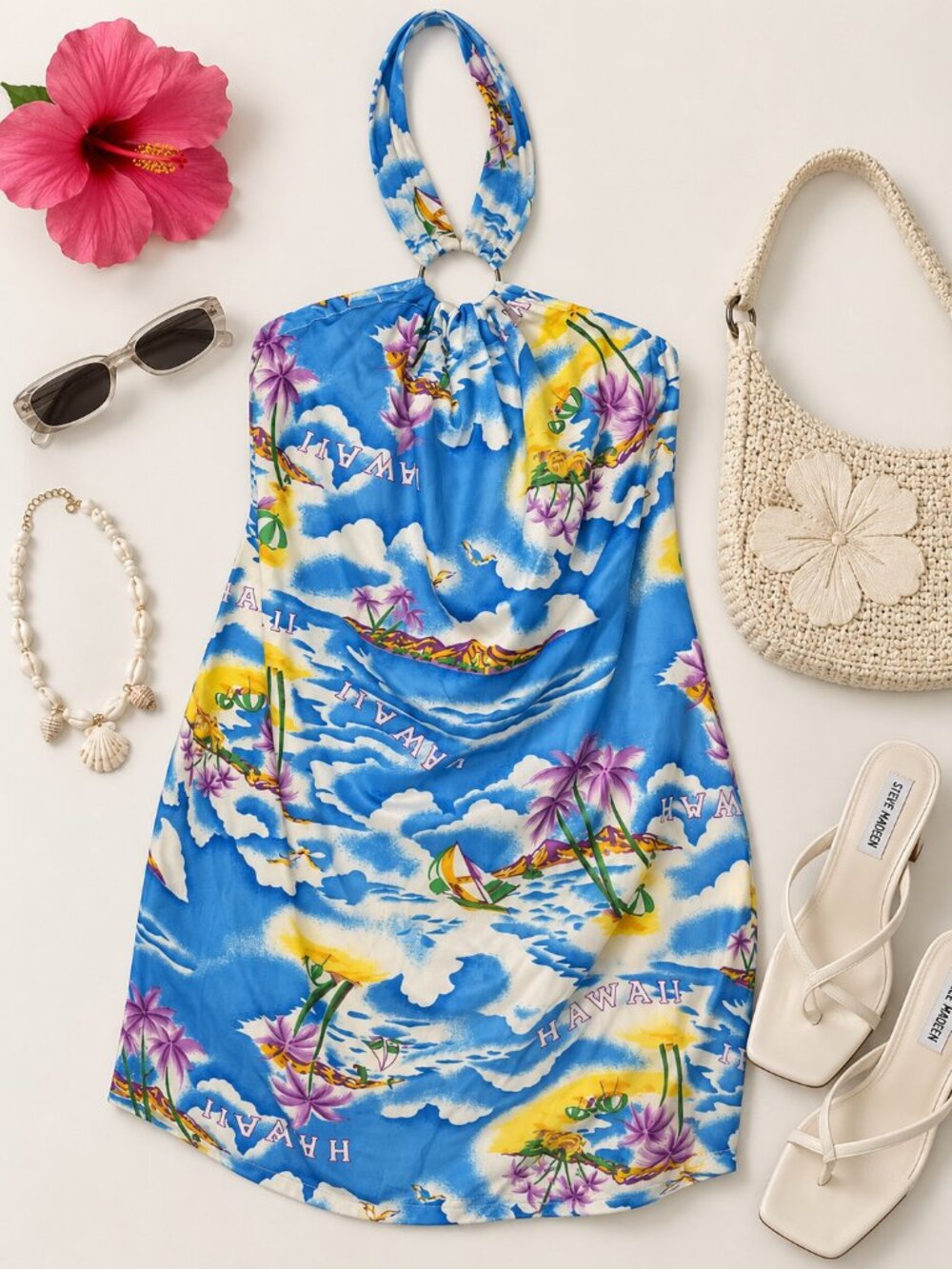 Vintage Y2K Hawaii Tropical O Ring Halter Mini Dress Blue Cowl Neck One Size
